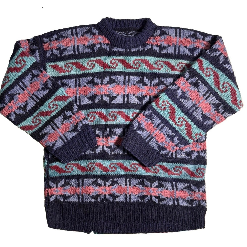 Vintage Handmade Knitted Fair Isle Wave Pattern Sweater Unisex Pullover